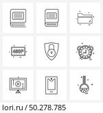 9 Universal Line Icons for Web and Mobile clock, protection, directory, shield, p Vector Illustration. Стоковая иллюстрация, агентство Ingram Publishing / Фотобанк Лори