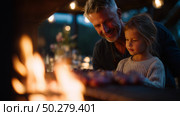 Grandfather grills dinner with granddaughter in a cozy outdoor setting during twilight. Стоковое AI-изображение, AI-художник Сергей Толмачёв / Фотобанк Лори