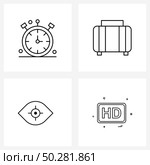 Mobile UI Line Icon Set of 4 Modern Pictograms of chronometer, goal, travel, hotel, target Vector Illustration. Стоковая иллюстрация, агентство Ingram Publishing / Фотобанк Лори
