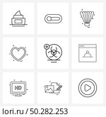 Mobile UI Line Icon Set of 9 Modern Pictograms of biohazard, romance, activity, love, heart Vector Illustration. Стоковая иллюстрация, агентство Ingram Publishing / Фотобанк Лори