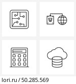 4 Interface Line Icon Set of modern symbols on circuit, calculator, globe, communication, big data Vector Illustration. Стоковая иллюстрация, агентство Ingram Publishing / Фотобанк Лори