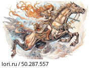 Fantasy watercolor illustration depicts a warrior with fiery red flowing hair, racing on a mighty steed. Dressed in elegant armor with elements of medieval style, the heroine personifies strength, grace and magic. The horse is decorated with richly decorated harness, and the background is made in smoky, magical clouds and flashes, creating the effect of movement and epic mood. Suitable for themes of fantasy, female power, epic adventures and fairy tales. Стоковое AI-изображение, AI-художник Анна Кривицкая / Фотобанк Лори