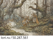 A fantasy illustration in a fairy tale style depicts two characters in rich medieval clothing meeting in a dense, mysterious forest. One of them is bowing to the other, as if asking for advice or help. Decorative detailing, twisting trees, moss, ferns and soft lighting create an atmosphere of magic, mystery and ancient legend. The scene is reminiscent of old fairy tales, epics or works in the spirit of Tove Jansson and Arthur Rackham. Suitable for fantasy themes, book illustrations, board games, art prints and visual storytelling. Стоковое AI-изображение, AI-художник Анна Кривицкая / Фотобанк Лори