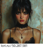 A digital art portrait of a young woman with expressive facial features, drawn in a realistic manner with elements of painting. The girl with dark hair and bangs poses against the background of an aged wall. She is dressed in black lace lingerie, decorated with a black choker and a pendant with a red stone, which gives the image a gothic and romantic atmosphere. Her gaze is directed straight into the camera, it is deep and mysterious. The lighting is soft, emphasizing the texture of the skin and fabric. The illustration is made with high quality rendering, perfect for art platforms, dark romantic collections and gothic aesthetics. Стоковое AI-изображение, AI-художник Анна Кривицкая / Фотобанк Лори