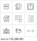 9 Universal Line Icons for Web and Mobile debit, credit, alarm, security, target Vector Illustration. Стоковая иллюстрация, агентство Ingram Publishing / Фотобанк Лори