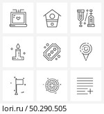 Modern Vector Line Illustration of 9 Simple Line Icons of cinema, flame, tweet, candle, medical Vector Illustration. Стоковая иллюстрация, агентство Ingram Publishing / Фотобанк Лори