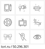 Stock Vector Icon Set of 9 Line Symbols for cinema, ball, food, game, football Vector Illustration. Стоковая иллюстрация, агентство Ingram Publishing / Фотобанк Лори