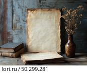 An old still life with a vintage sheet of paper with burnt edges, standing vertically against a background of rough wooden boards. Nearby is a stack of old books and dried flowers in a ceramic vase. The composition is made in warm, muted tones and conveys the atmosphere of time, coziness and historical depth. Suitable for themes related to literature, manuscripts, history, nostalgia and vintage style. Стоковое AI-изображение, AI-художник Анна Кривицкая / Фотобанк Лори