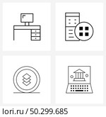 Set of 4 Simple Line Icons for Web and Print such as bureau, graphic, office table, hardware, layers Vector Illustration. Стоковая иллюстрация, агентство Ingram Publishing / Фотобанк Лори