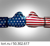 Culture war and cultural wars concept or USA heritage and divided American politics as different philosophy as cultures fighting in conflict in the United States in a 3D illustration style. Стоковое фото, агентство Ingram Publishing / Фотобанк Лори