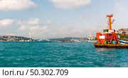 Cargo ship in Istanbul at sunset. Bosphorus strait. Ship in Istanbul at sunset. Стоковое фото, агентство Ingram Publishing / Фотобанк Лори