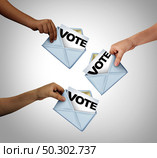 Mail in voting and vote with mailed ballots as an election symbol of diverse people casting a ballot at a polling postal station or internet as a democratic and democracy right with 3D illustration elements. Стоковое фото, агентство Ingram Publishing / Фотобанк Лори