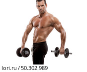 Muscle man in studio lifting weights, isolated over a white background. Стоковое фото, агентство Ingram Publishing / Фотобанк Лори
