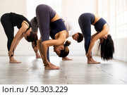 Group of sporty attractive asian people wearing sportswear bra pants practicing yoga lesson on Uttanasana pose Standing Forward Bend with instructor coach. Work out fitness healthy lifestyle concept. Стоковое фото, агентство Ingram Publishing / Фотобанк Лори