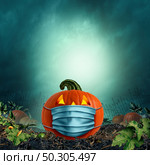 Safe Halloween face mask as a jack o lantern pumpkin wearing a medical face mask as an autumn symbol for disease control and virus infection and coronavirus or covid-19 safety in a 3D illustration style. Стоковое фото, агентство Ingram Publishing / Фотобанк Лори