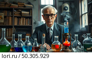 Old Scientist In An Abandoned Laboraatory AI Generative. Стоковое AI-изображение, AI-художник Андрей Скат / Фотобанк Лори