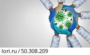 Infection Prevention health and medicine concept as diverse medical workers as doctor and nurse hands joining together to control disease with 3D illustration elements. Стоковое фото, агентство Ingram Publishing / Фотобанк Лори