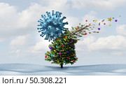 Christmas virus and winter season disease concept as a cancelled holiday seasonal decorated tree symbol for health and healthcare pandemic outbreak prevention of coronavirus and covid-19 or flu as a 3D render. Стоковое фото, агентство Ingram Publishing / Фотобанк Лори