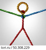 Leadership conection concept of team unity and teamwork as a business metaphor for joining a partnership as diverse ropes connected together as a corporate symbol for cooperation and working collaboration. Стоковое фото, агентство Ingram Publishing / Фотобанк Лори
