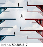 Business courage concept as a corporate leadership metaphor for the challenges of taking a leap for connecting with 3D illustration elements. Стоковое фото, агентство Ingram Publishing / Фотобанк Лори
