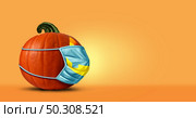 Halloween safety and facial mask as a jack o lantern pumpkin wearing a medical face protection as an autumn symbol for disease control and virus infection and coronavirus or covid-19 in a 3D illustration style. Стоковое фото, агентство Ingram Publishing / Фотобанк Лори