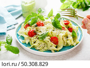Pasta fettuccine with chicken breast, baked tomatoes, parmesan cheese and avocado guacamole sauce. Стоковое фото, агентство Ingram Publishing / Фотобанк Лори