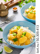 Indian chicken tikka masala curry with rice. Стоковое фото, агентство Ingram Publishing / Фотобанк Лори