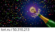 Healthy New Year celebration and medical cure as a sparkling wine bottle with splash and flying cork shaped as a virus cell to celebrate the holidays and New years eve as a 3D render. Стоковое фото, агентство Ingram Publishing / Фотобанк Лори