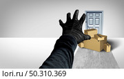 Package criminal and delivery theft or porch pirate thief stealing packages from a home delivered to a front door as a burglar robbing boxes from a doorstep with 3D illustration elements. Стоковое фото, агентство Ingram Publishing / Фотобанк Лори