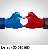 Competition love and competitor agreement business reconciliation or corporate arbitration and political bipartisanship concept or relationship success in a 3D illustration style. Стоковое фото, агентство Ingram Publishing / Фотобанк Лори
