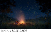 Children enjoying a campfire under a starry night sky with glowing fireflies and a tranquil atmosphere in nature. Стоковое AI-изображение, AI-художник Сергей Толмачёв / Фотобанк Лори