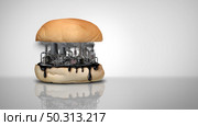 Environmental food toxins and pollution and nutrition or toxic pollutants contamination and eating a contaminated meal as a burger or hamburger containing industrial chemicals with 3D illustration elements. Стоковое фото, агентство Ingram Publishing / Фотобанк Лори