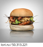 Insect cuisine and entomophagy as edible insects or eat bugs and eating alternative high protein nutrition as a cricket grasshopper and larvae inside a hamburger or burger bun as a symbol for entomophagy in a 3D illustration style. Стоковое фото, агентство Ingram Publishing / Фотобанк Лори