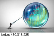 Economic bubble danger and financial burst or as a Stock market business speculation with a businessman short seller concept and overvalued inflated economy with 3D render elements. Стоковое фото, агентство Ingram Publishing / Фотобанк Лори