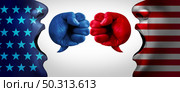 American crisis and United States debate or US social issues argument and political war as a culture conflict with two opposing sides as conservative and liberal political dispute and ideology in a 3D illustration style. Стоковое фото, агентство Ingram Publishing / Фотобанк Лори