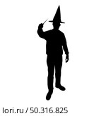 Silhouette wizard holds magic wand trick waving sorcery concept magician sorcerer fantasy person warlock man in robe with magical stick witchcraft in hat mantle mage conjure mystery idea enchantment black color vector illustration flat style simple image. Silhouette wizard holds magic wand trick waving sorcery concept magician sorcerer fantasy person warlock man in robe with magical stick witchcraft in hat mantle mage conjure mystery idea enchantment black color vector illustration flat style image. Стоковая иллюстрация, агентство Ingram Publishing / Фотобанк Лори