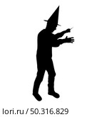 Silhouette wizard holds magic wand trick waving sorcery concept magician sorcerer fantasy person warlock man in robe with magical stick witchcraft in hat mantle mage conjure mystery idea enchantment black color vector illustration flat style simple image. Silhouette wizard holds magic wand trick waving sorcery concept magician sorcerer fantasy person warlock man in robe with magical stick witchcraft in hat mantle mage conjure mystery idea enchantment black color vector illustration flat style image. Стоковая иллюстрация, агентство Ingram Publishing / Фотобанк Лори