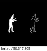 Wizard holds magic wand trick Waving Sorcery concept Magician Sorcerer Fantasy person Warlock man in robe with magical stick Witchcraft in hat mantle Mage conjure Mystery idea Enchantment silhouette white color vector illustration solid outline style simple image. Wizard holds magic wand trick Waving Sorcery concept Magician Sorcerer Fantasy person Warlock man in robe with magical stick Witchcraft in hat mantle Mage conjure Mystery idea Enchantment silhouette white color vector illustration solid outline style image. Стоковая иллюстрация, агентство Ingram Publishing / Фотобанк Лори