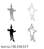 Wizard holds magic wand trick book Waving Sorcery concept Magician Sorcerer Fantasy person Warlock man in robe with magical stick Witchcraft in hat mantle Mage conjure Mystery idea Enchantment silhouette grey black color vector illustration solid outline style simple image. Wizard holds magic wand trick book Waving Sorcery concept Magician Sorcerer Fantasy person Warlock man in robe with magical stick Witchcraft in hat mantle Mage conjure Mystery idea Enchantment silhouette grey black color vector illustration solid outline style image. Стоковая иллюстрация, агентство Ingram Publishing / Фотобанк Лори