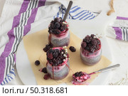 Chia pudding with blackberries, three portions in glass jars on a white table. Стоковое фото, агентство Ingram Publishing / Фотобанк Лори