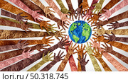 World culture earth day and global diversity and international cultures as a concept of diverse races and crowd cooperation symbol as hands holding together the planet earth in a 3D illustration style. Стоковое фото, агентство Ingram Publishing / Фотобанк Лори