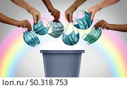Throwing masks away as a recovery from a pandemic concept with people tossing surgical mask objects into a garbage can as a healthcare vaccination success and hope for a better future with 3D illustration elements. Стоковое фото, агентство Ingram Publishing / Фотобанк Лори