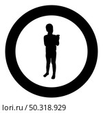 Boy holding smartphone phone Playing tablet Male using communication tool Adolescent looking phone addiction Concept dependency from modern technologies silhouette in circle round black color vector illustration solid outline style simple image. Boy holding smartphone phone Playing tablet Male using communication tool Adolescent looking phone addiction Concept dependency from modern technologies silhouette in circle round black color vector illustration solid outline style image. Стоковая иллюстрация, агентство Ingram Publishing / Фотобанк Лори