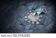 Virus and mask concept as throwing surgical masks away as a recovery from a pandemic idea with a rainbow reflexion in a puddleas a healthcare vaccination success or hope for a better future with 3D illustration style. Стоковое фото, агентство Ingram Publishing / Фотобанк Лори