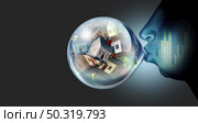 Housing Market inflation and real estate bubble and residential speculation concept or overvalued home prices economy as an inflationary financial crisis and inflated house price with 3D render elements. Стоковое фото, агентство Ingram Publishing / Фотобанк Лори