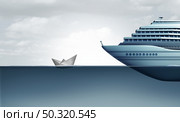 Cheap Cruise and budget vacation concept with paper boat compared to huge luxury liner Ship representing low price cruises or inexpensive vacations or economic disparity and rich and poor inequality with 3D illustration elements. Стоковое фото, агентство Ingram Publishing / Фотобанк Лори
