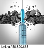 Vaccine breakthrough and virus vaccination success as medication and flu or coronavirus medical cure and disease prevention as a syringe of vaccines breaking through obstacles as a health metaphor for immunization as a 3D render. Стоковое фото, агентство Ingram Publishing / Фотобанк Лори