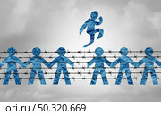 Immigration and freedom and migration escape laws or free refugees escaping from barbed wire with paper cut people icons behind a border fence representing entering a country and becoming a citizen in a 3D illustration style. Стоковое фото, агентство Ingram Publishing / Фотобанк Лори