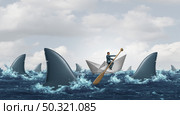 Courage business concept and navigating through troubled waters as a survival strategy solution from risk of challenging conditions as a success metaphor to overcome fear and succeed with 3D illustration elements. Стоковое фото, агентство Ingram Publishing / Фотобанк Лори