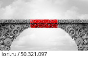 Business success bridge as an industry strategy and economic solution concept connecting two divided paths to join together as a symbol of economy integration as a structure made of gears and cogs with 3D render elements. Стоковое фото, агентство Ingram Publishing / Фотобанк Лори